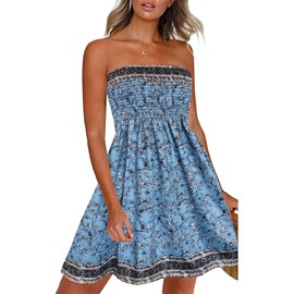 Women’s Summer Dresses Beach Cover ups Casual Strapless Boho Floral Swing Sundress (BK-Blue,XL)
