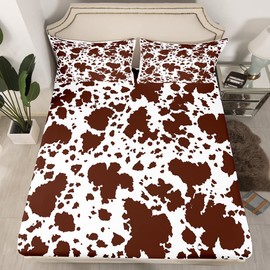 Erosebridal Cow Fur Print Bed Sheets King Size White Brown Cowhide Sheet Set 4Pcs for Kids Boys Room Decor Animal Skin Print Flat Sheet Farmhouse Cow Print Fitted Sheet with 2 Pillowcases