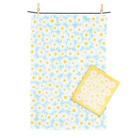 Abbott Collection Daisies Swedish Dishcloth & Kitchen Tea Towel Set - Cotton/Cellulose, Yellow/Blue