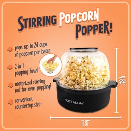 Nostalgia Non Stick Stirring Popcorn Maker for 24 Cups of Theatre Style Popcorn with Hot Oil - Dual-Use Lid & Serving Bowl - Quick Heat Technology & Cool Touch Handles - Ez Store - Black