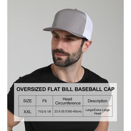 Oversize XXL Structured Blank 6 Panel Flatbill Snapback Mesh Cap Light Grey 2XL, XXL Flat Bill Hats for Men Big Head