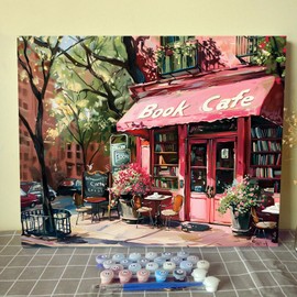 Aihonmin Book Cafe Paint by Numbers Kits for Adult Beginners Watercolor Book Store Paint by Numbers Book Theme Painting Kits on Colored Canvas Art Set Gift for Home Decor Without Framed 16''W x 20''H