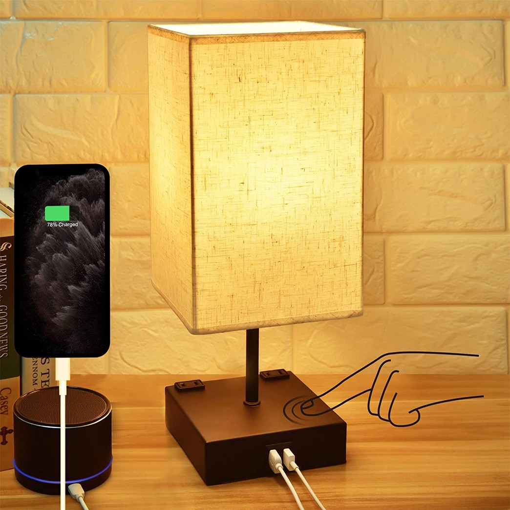 3-Way Touch Control Dimmable Bedside Lamp,Hansang Modern Table Lamp with 2 USB Charging Ports,2 AC Outlets,Nightstand Lamp Square Fabric Lampshade for Bedroom,Living Room,Dimmable LED Bulb Included