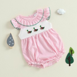 Adobabirl Baby Girl Summer Clothes Newborn Mallard Duck Bubble Romper Ruffle Smocked Plaid Bodysuit Cute Hunting Outfit (Pink Duck Embroidery, 3-6 Months)