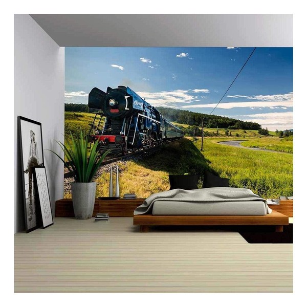 wall26 - Steam Engine Locomotive Train Moving Next to The River - Removable Wall Mural | Self-Adhesive Large Wallpaper - 66x96 inches
