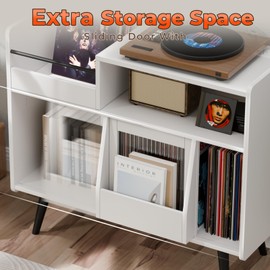 MULEJYBO Large White Record Player Stand with Sliding Door,350 Vinyl Record Storage Cabinet, Record Player Table with Power Outlet and LED Light,Turntable Stand with Wood Legs for Living Room,Office