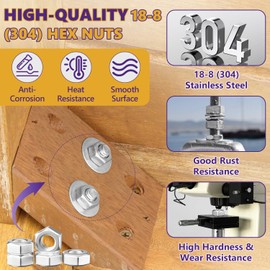 M5 Hex Nuts, 150Pcs Metric 304 Stainless Steel Metal M5-0.8mm Hexagonal Nuts Hardware Set for Bolt for Furniture, Automotive, Industry and Construction, Full Thread