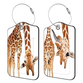 2 Pack PU Luggage Tags for Suitcase, Funny Giraffe Suitcase Tag Leather Privacy Cover ID Label with Stainless Steel Loop for Baggage Handbag School Bag Backpack