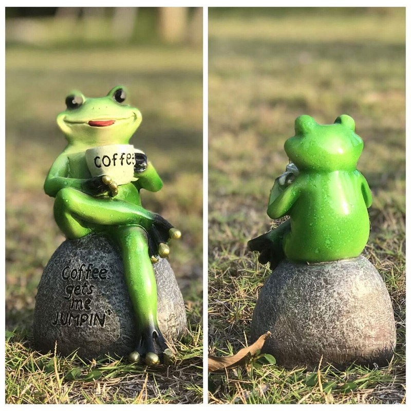OwMell Frog Statue for Garden, Drinking Coffee Green Frog Figurine