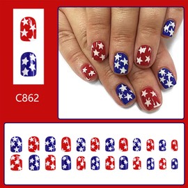 Tyuimhx 4th of July Press on Nails Short Square Red Blue Fake Nail Independence Day False Nails With Star Designs Glossy Full Cover Stick on Nail Acrylic Patriotic Artificial Nail for Women 24 Pcs