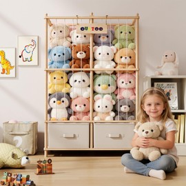 Large Stuffed Animal Storage & Organizer, Wooden Cute Zoo Toy Holder with Wooden Bottom and Two Large Capacity Plush Toy Chests for Toddler Rooms, Nursery, Playrooms & Bedrooms