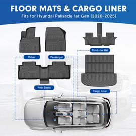 Mixsuper Floor Mats Cargo Liner for Hyundai Palisade 2020-2025 (7 Seater), All Weather 2 Row Floor Liners and Trunk Mat Set Black