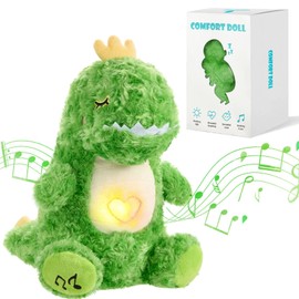 Baby Sound Machine Baby Soothe Snuggle Plush Toy with Sensory Details Music Lights & Rhythmic Breathing Motion Portable Plush Stuffed Animal (Green Dinosaur)