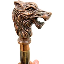 Wolf Face Antique Brass Wooden Walking Stick Cane Copper Antique Brass Handle Knob Black Vintage Home Décor Walking Canes