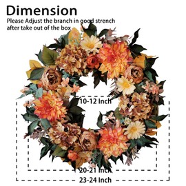 WANNA-CUL 24 Inch Fall Wreath for Front Door with Vintage Hydrangea&Orange Peony and Dahlia Flowers-Fall Decoration for Home-Large Fall Decor Door Wreath for Autumn,Harvest or Thanksgiving