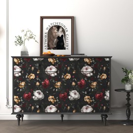 Floral Wallpaper Peel and Stick, Dark Black/Yellow/White Vintage Floral Contact Paper, Waterproof Self Adhesive Boho Rose Wall Paper for Bedroom Walls Table Bookcase Drawers Decor 17.5in x 118in