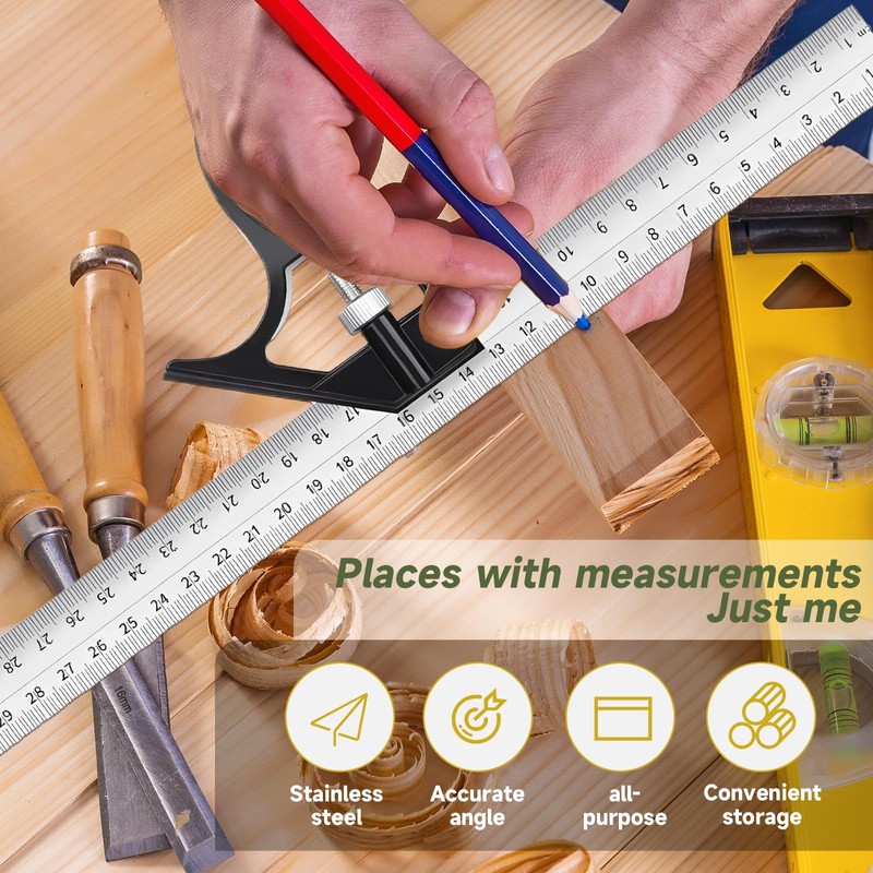Set Square 300mm/12Inch - Stainless Steel Combination Square with Bubble