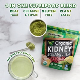 Opportuniteas Organic Kidney Cleanse Detox & Repair Tea - Matcha Green Tea, Cranberry, Lemon & Ginger. 4 Cleansing Superfoods For Drinks. Vegan & Non-GMO - 60 Servings