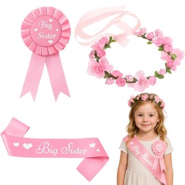 Promoted to Big Sister 3-Piece Accessory Set, Big Sister Gifts with Satin Sash, Badge Pin and Adjustable Flower Crown for Baby Shower Parties, Family Celebrations (Pink)