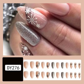 Christmas Press on Nails Almond Shaped Glossy Full Cover Acrylic Medium Length Almond Silver Glitter False Nails with Snowflake Designs Artificial Xmas Fake Nails with Glue ons Fingernails for Women