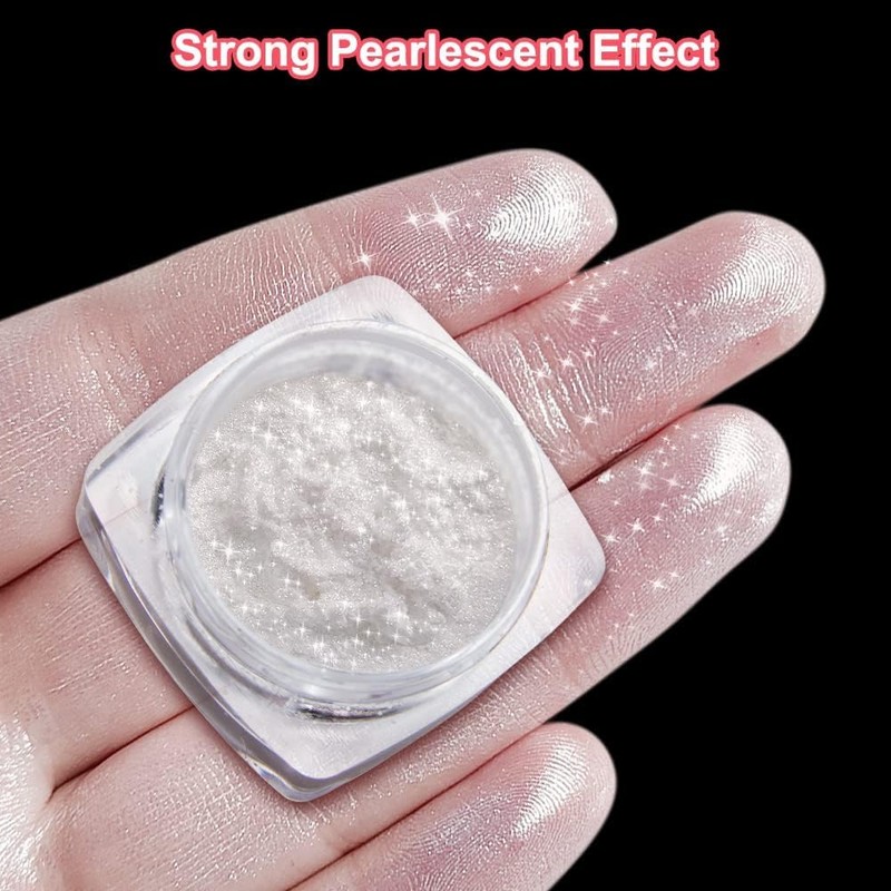 2PCS Cromo Efecto Espejo Uñas Blanco Perla Polvo Uñas Brillo