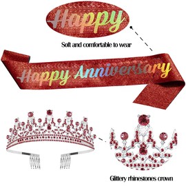 Tiara for Women Anniversary Happy Anniversary Tiara and Sash Set for Celebration Party Supplies Gifts Favors and Decorations Red Crowns for Women Gifts
