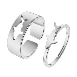 Chereda 2PCS Matching Marine Animal Adjustable Rings For Women Couples Everyday Jewelry Promise Wedding Gift 316L Stainless Steel Open Ring (Shark-s, Adjustable)
