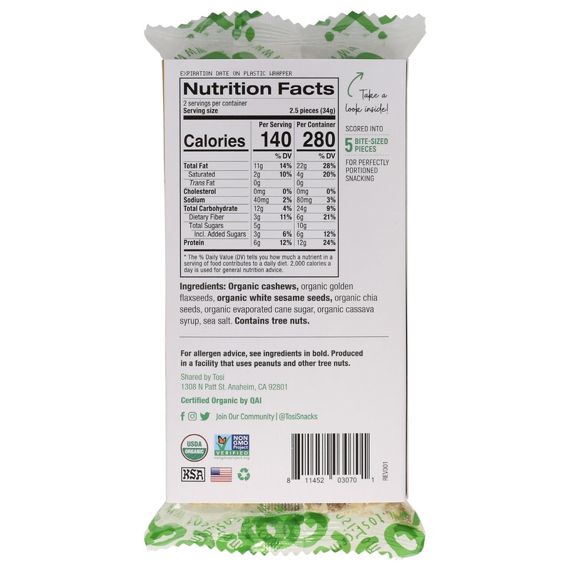 Tosi, Bar Cashew Superbites Organic, 2.4 Ounce