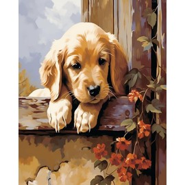 OKSGYTA Pet Dog Themed Paint by Numbers for Adults, Golden Retriever Dog Lying on The Fence, Paint by Number on Canvas, DIY Oil Painting for Gift Home Wall Decor, 40x50cm, Without Frame