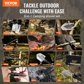 VEVOR Survival Shovel - 8 in 1 Camping Shovel Folding Multitool, Military Grade Portable Compact Tactical Shovel, Multifunction for Off-Roading, Camping, Hiking, Outdoor, Survivalist and Emergency