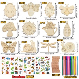 288 Pcs Wooden Animal Crafts, Wooden Painting Crafts for Kids, Wooden Crafts With 36 Wooden Blocks 202 Rhinestones 12 Color Pens 2 Stickers 36 Ropes, DIY Crafts and Birthday Party Gifts for Kids