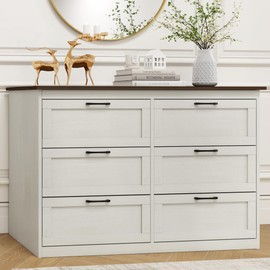 LYNSLIM 6 Drawers Dresser, Farmhouse Dressers for Bedroom，43" Wide Wood Modern Chest of Drawers with Dual Color Desktop，Modern Organizers and Storage Dressers with Black Handle of Living Room，Hallway