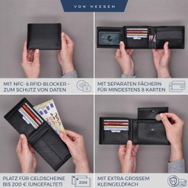 Von Heesen® Men's Wallet, TÜV (Technical Inspection Association) Certified Cryptalloy® RFID Protection, Leather Wallet Men (Genuine Nappa Leather), Gifts for Men Leather, Carbon black (model 2021).