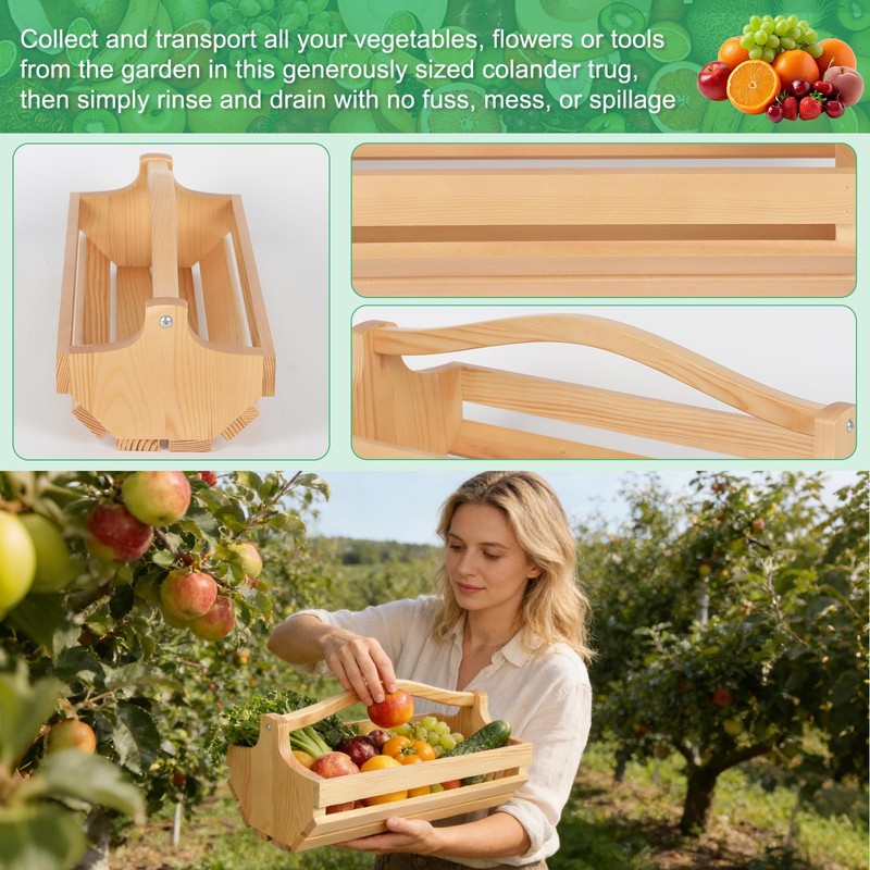 Reaeng 3-Piece Wooden Garden Harvest Basket Set with Handles (S/M/L),