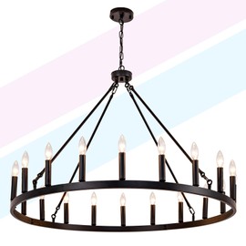 ZVL 40 Inch Black Wagon Wheel Chandelier, 20-Light Farmhouse Style Adjustable Height Round Iron Chandelier for High Ceilings, Ideal for Living Rooms, Dining Rooms and Foyers, with E12 Lamp Sockets