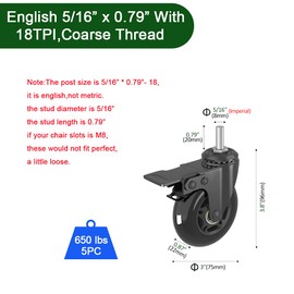 MALLLALA Caster Wheels Sets 5 with Metal Brakes,3 inch Heavy Duty Swivel Castors with 5/16"-18 UNC Threaded stem,Mute Rubber Wheels Replacement for Hardwood,Carpet,Tile, Including Flange Nuts