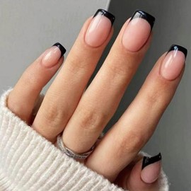 AkiliBIELY French Tip Press on Nails Square Short Medium Black Pink Fake Nails Women Cute Fantasy Glue on Nails Acrylic Gel Stick on Nails Classy False Nails Wedding Birthday