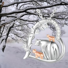 Heart-Shaped Mama Bear with Her Two Cubs Pendant Necklace for Women, Silver Plated, Synthetic Gemstones, Adjustable, Zinc Synthetic Gemstones, Rhinestone