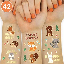 xo, Fetti Tatuajes temporales de animales del bosque, 42 estilos de purpurina, suministros de fiesta de cumpleaños de Forest Friends, baby shower, reg