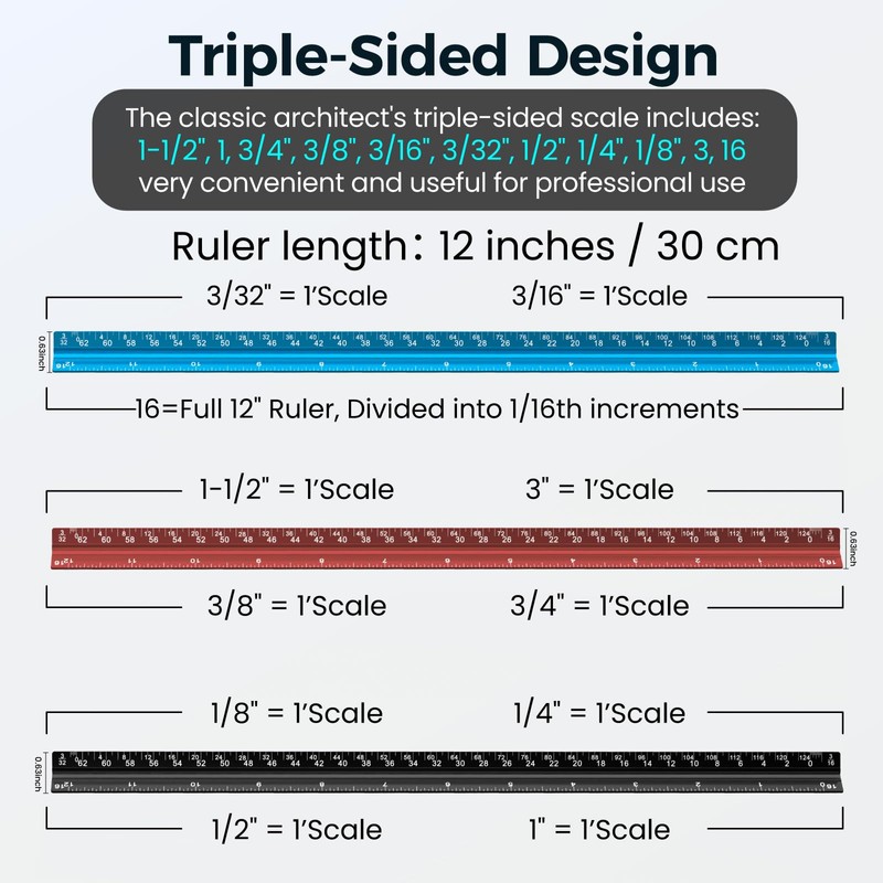 Architectural Scale Ruler 12 Inch: 2-Pack 12" Aluminum Triangle Ruler