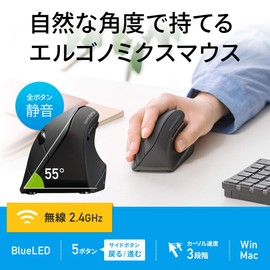 Sanwa Supply MA-ERGW10N Ergonomic Mouse, Silent, Wireless, 2.4 GHz, Tendonitis Prevention, Blue LED, 5 Buttons, Large
