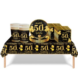 53Pcs Black Gold 50th Birthday Party Tableware Decorations,50th Birthday Table Cloth Plates and Napkins Cups Sets for Women Him Men Birthday Table Decor for 50th Birthday Gifts Dinnerware
