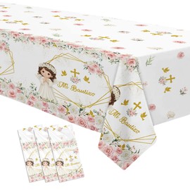 HIPVVILD Mi Bautizo Baptism Tablecloth Party Decorations for Girls, 3 Pack Disposable Pink Floral Religious First Communion Decorations Supplies Table Covers for God Bless Christening, 55in x 86in
