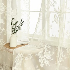 Lace Sheer Curtains 90 Inches Long 2 Panels Victorian Cream Floral Curtains for Dining Room Bedroom Rod Pocket Light Filtering Shabby Chic Curtains for Window Drapes Living Room Decor, 52x90, Ivory