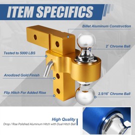 Auto Dynasty Compatible with 2 inches Receiver Aluminum 6 inches Drop/Raise Adjustable Dual Ball Trailer Tow Towing Hitch (Gold)