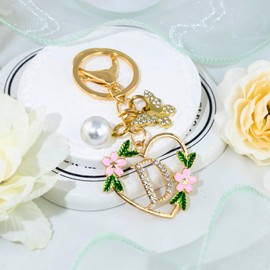 Flower Keychain Initial Letter D Keychain for Women with Butterfly Pendant Cubic Zirconia Heart Keyring for Wallet Backpack Charm