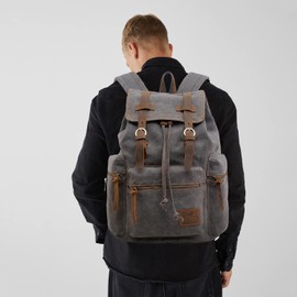 FANDARE Vintage Backpack Canvas Daypacks School Bag Outdoor Hiking Rucksack College Bookbag Teenager Travel Field Pack Large Knapsack Durable Infantry Pack for Women Men Gray