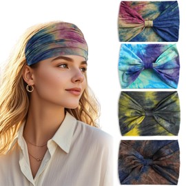 Wide Headbands for Women 4 Pcs, Fashion Head Bands Non Slip Elastic Hair Bands Knoted Turban, Sport Sweat Headband for Yoga, Running, Gym