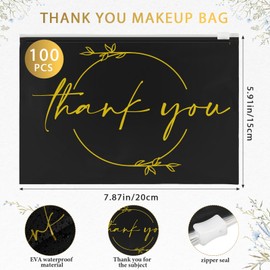 Ireer 100 Bolsas de Maquillaje Thank You Bolsas de Cosméticos EVA con Cremallera Mini Bolsas de Aseo Regalo de Agradecimiento de Cumpleaños de Aliento a Granel para Mujer Navidad (Negro, Dorado)