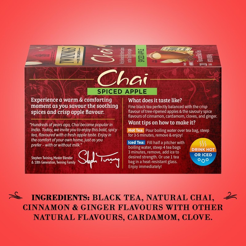 Twinings Spiced Apple Chai Black Tea Individually Wrapped Bags, 20